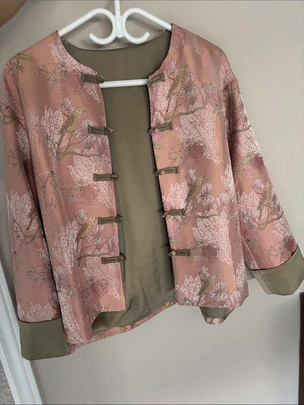 Modern Chinese style Floral Pink Satin Mandarin Jacket with Olive Trim